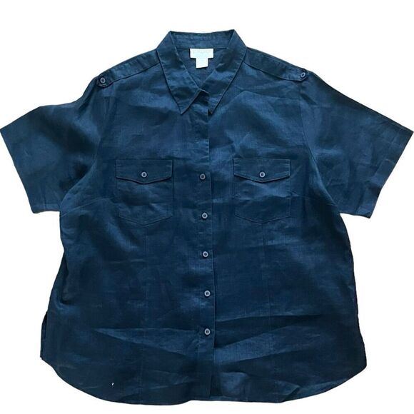 Jordan Woman vintage size 2X Navy 100% Linen Button up top Beach Minimalist - Picture 2 of 9